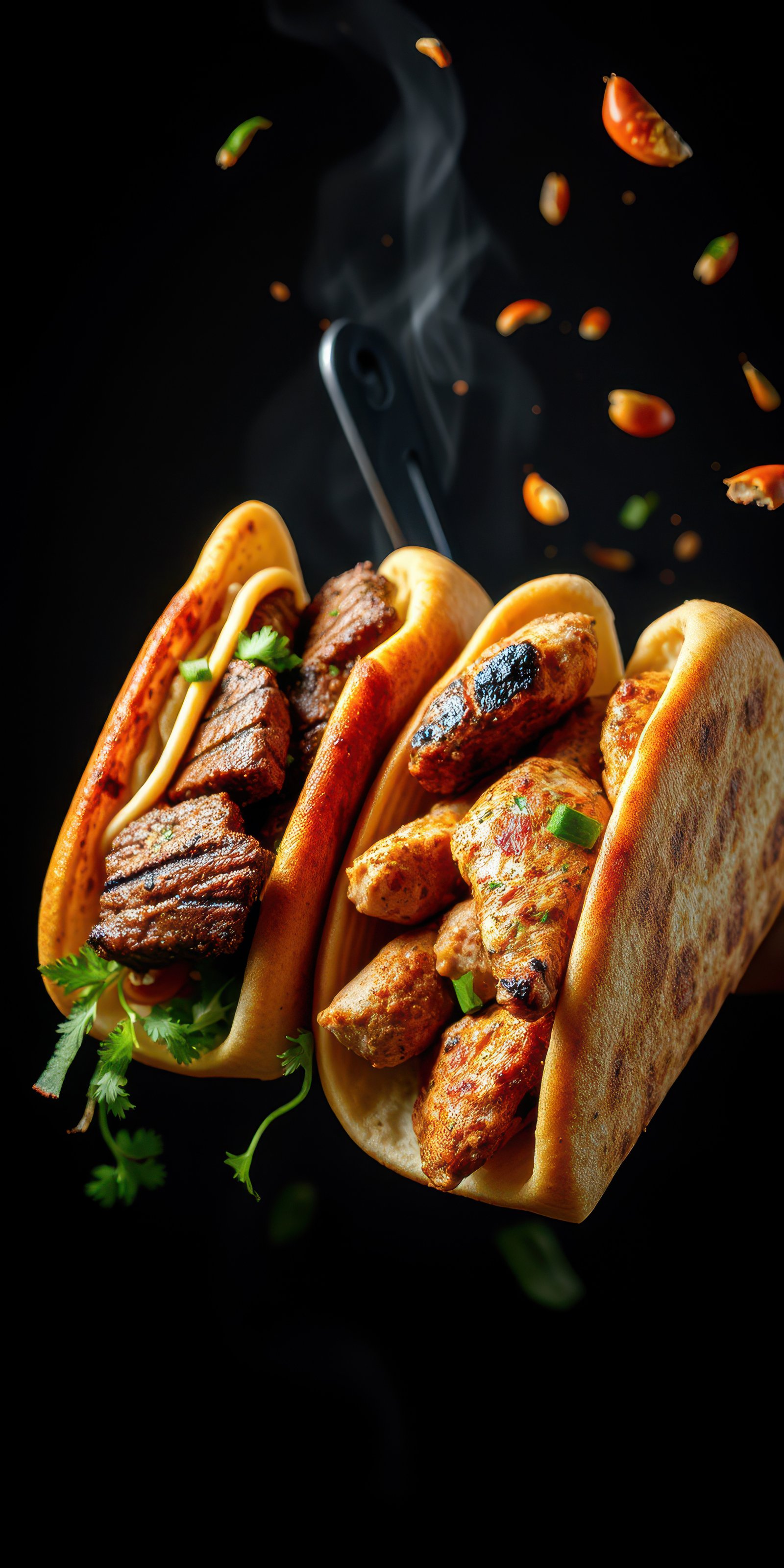 Flavorful grilled meat wraps served with fresh herbs and spices against a dark background